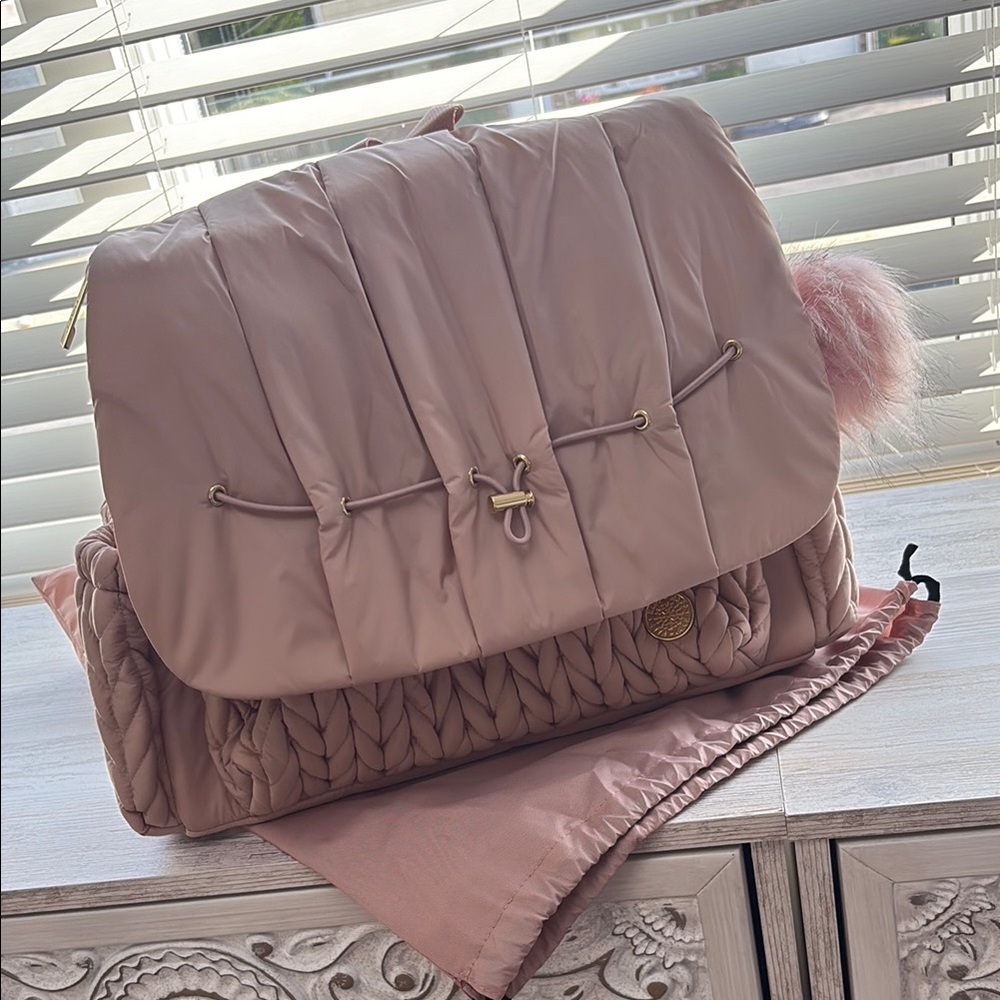 New Happ Levy Backpack Dusty Rose baby diaper bag & free Faux Fur Pouf Bag Charm